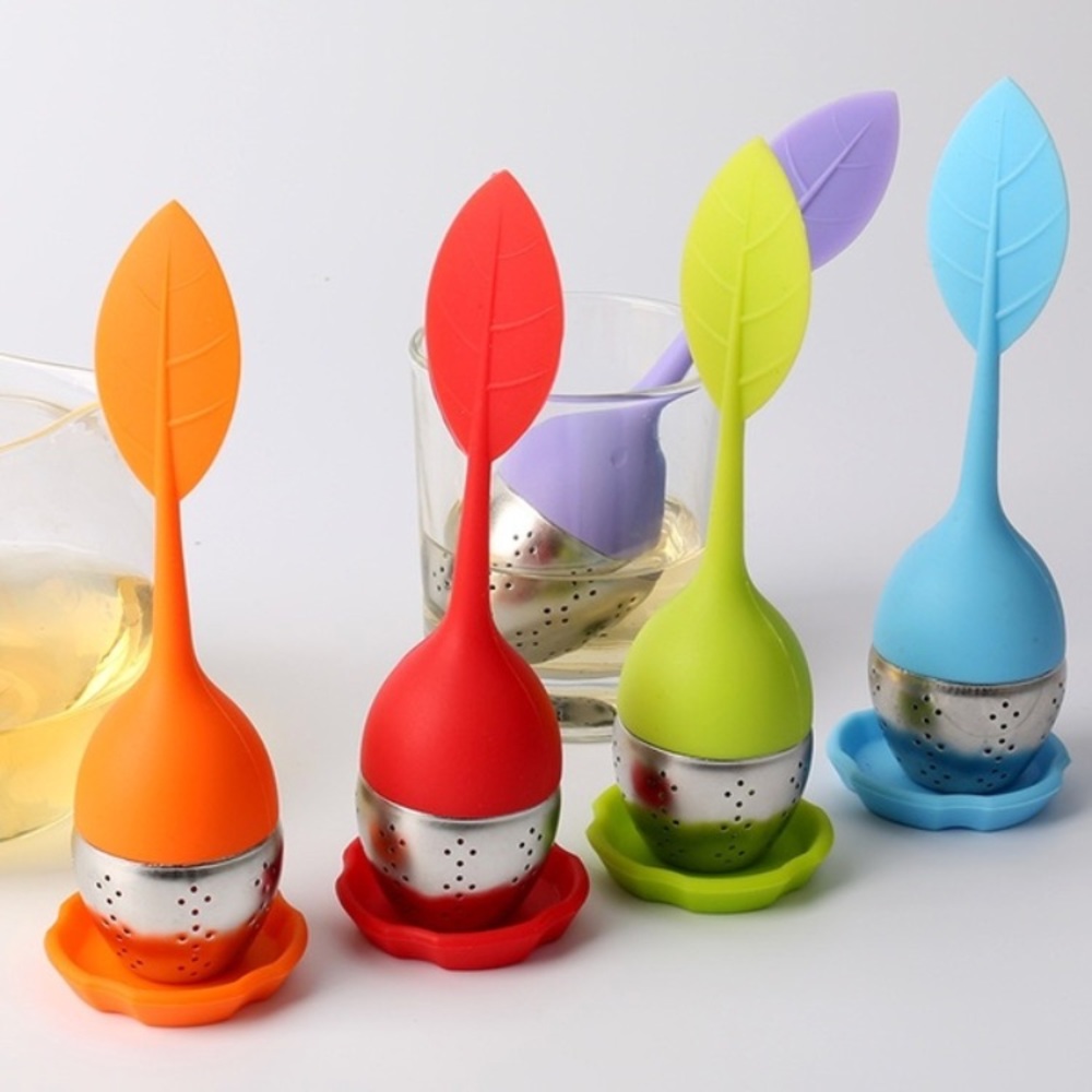 Tea Infuser & Drip Tray Leaf Silicone Metal Yellow - Picture 1 of 4